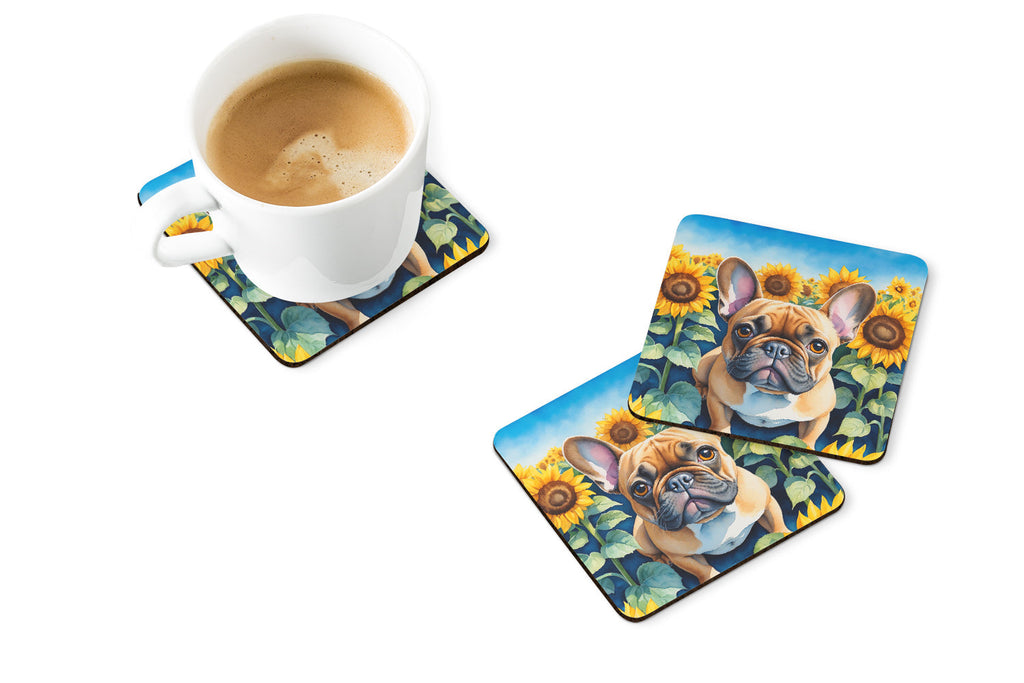 French Bulldog in Sunflowers Foam Coasters Set of 4 Cup Coasters for Indoor Outdoor, Tabletop Protection, Anti Slip, Mouse pad Material