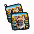 French Bulldog in Sunflowers Pot Holder Set of 2 Heat Resistant Quilted Hot Pads 7.5 x 7.5 Inch, Insulated Kitchen Trivets for Cooking & Baking