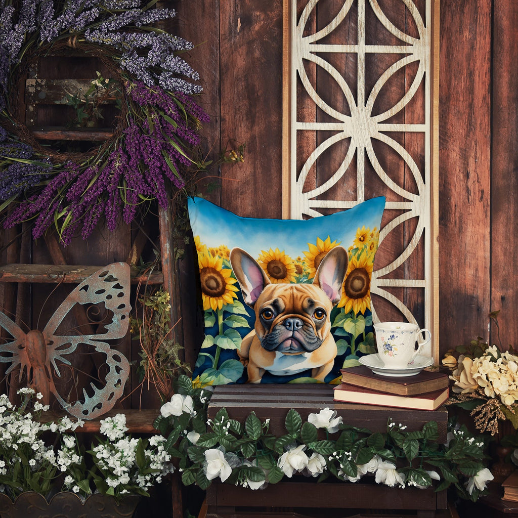 French Bulldog in Sunflowers Decorative Throw Pillow 14x14 Indoor Outdoor Accent Cushion, Fabric Cover with Insert for Sofa, Bed, Porch & Living Room