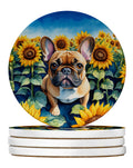 French Bulldog in Sunflowers Large Sandstone Coasters Pack of 4 Absorbent Round Coasters Decor Gifts for Men or Women, 4 in, Multicolor