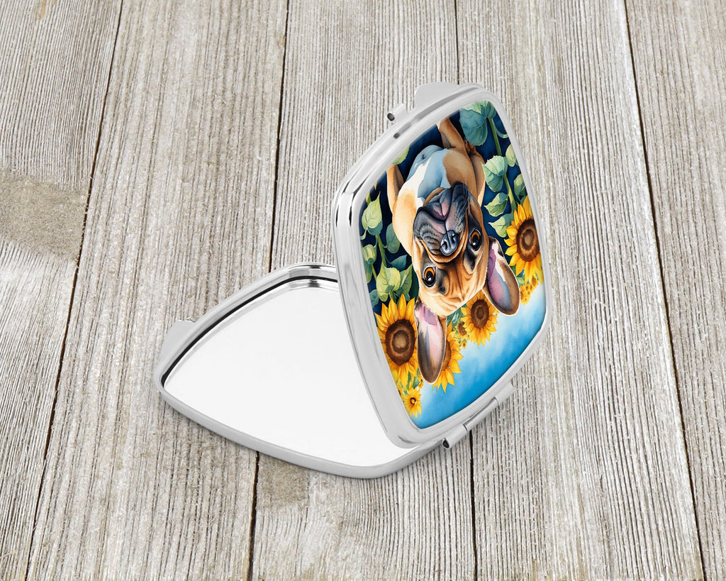 French Bulldog in Sunflowers Compact Mirror Decorative Travel Makeup Mirror for Women Girls Gifts Pocket Makeup Mirror Folding Handheld
