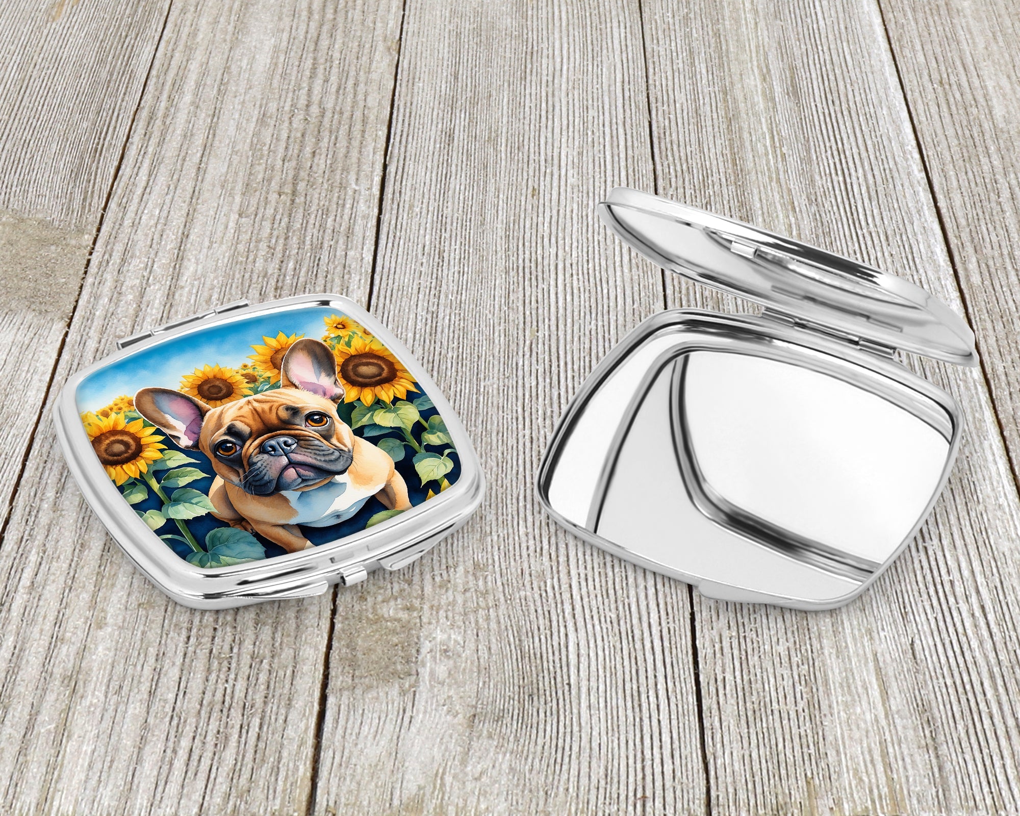 French Bulldog in Sunflowers Compact Mirror Decorative Travel Makeup Mirror for Women Girls Gifts Pocket Makeup Mirror Folding Handheld