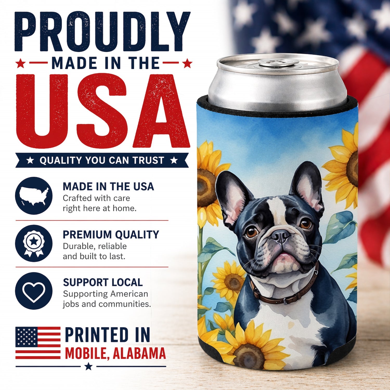 French Bulldog in Sunflowers Can or Bottle Hugger Cooler Sleeve for Standard 12 oz Cans, Insulated Foam Beer & Soda Can Hugger Reusable