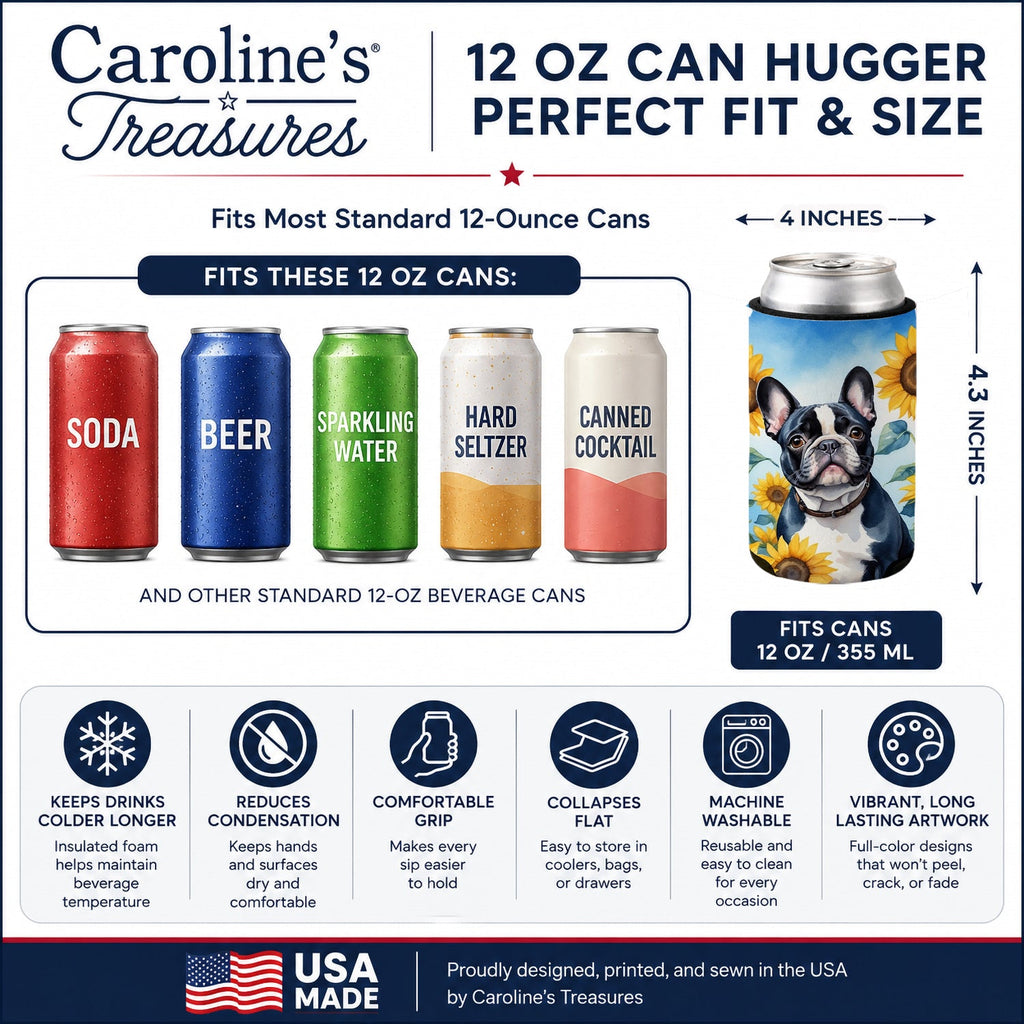 French Bulldog in Sunflowers Can or Bottle Hugger Cooler Sleeve for Standard 12 oz Cans, Insulated Foam Beer & Soda Can Hugger Reusable