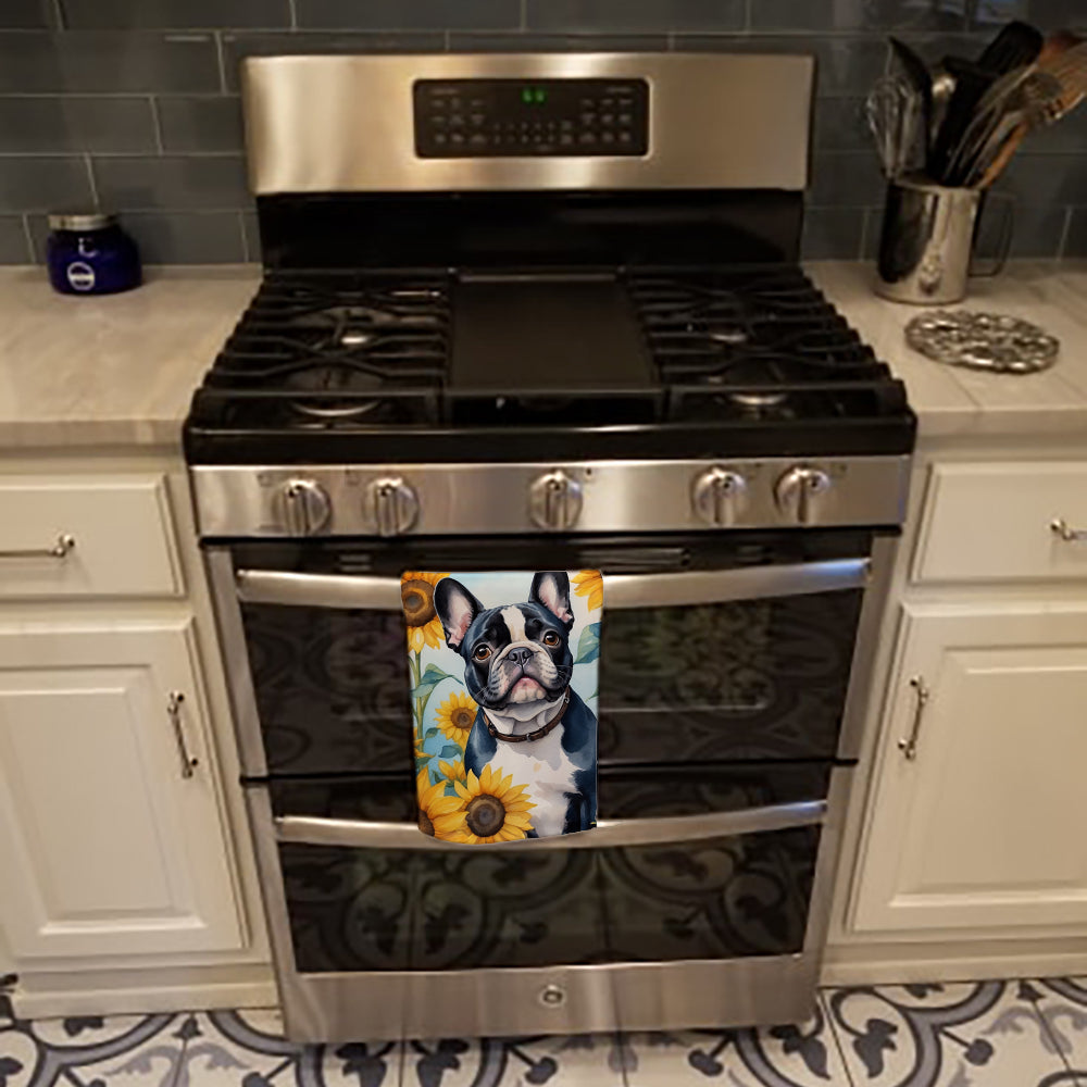 French Bulldog in Sunflowers Kitchen Towel Velour Plush Front and Cotton Loop Back Machine Washable