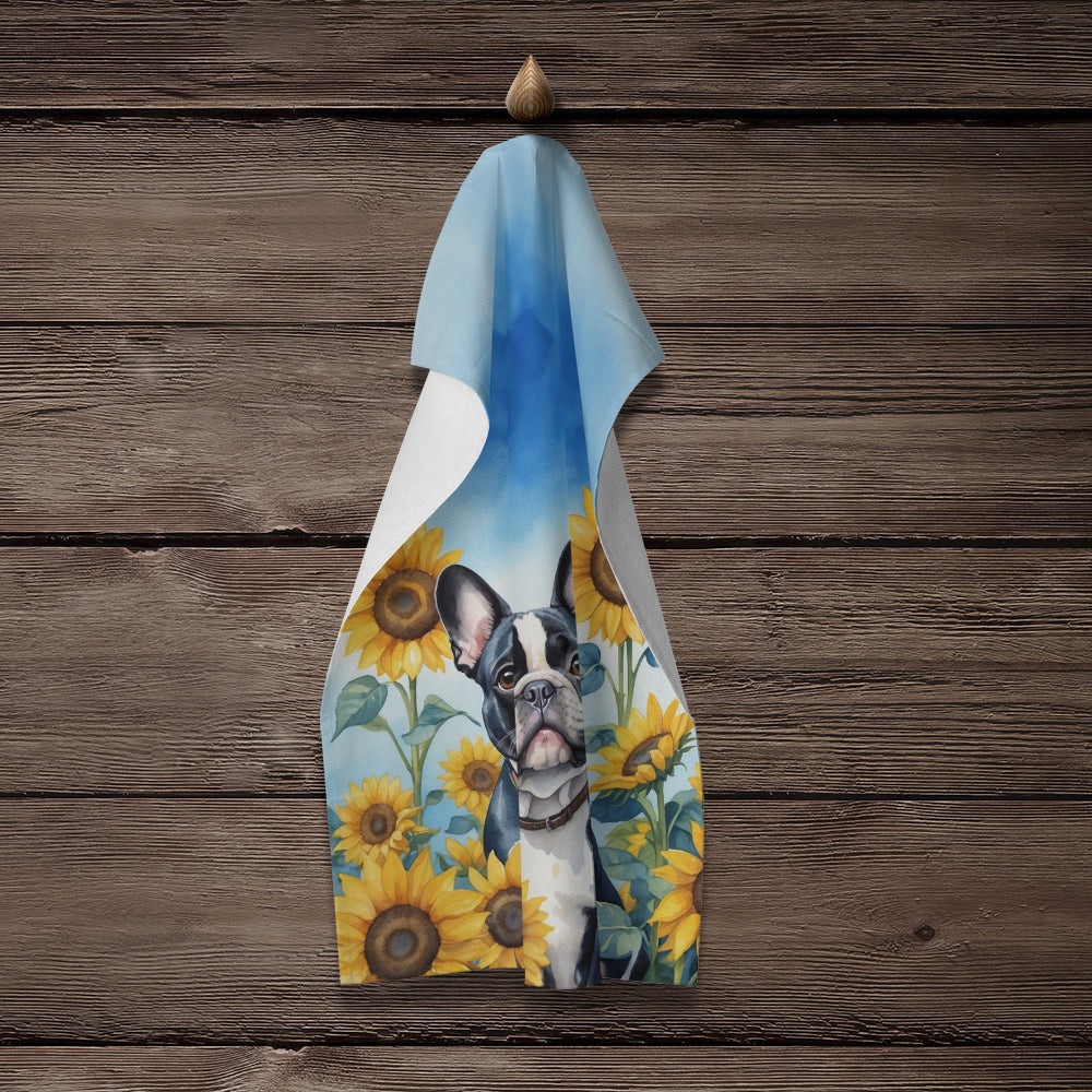 French Bulldog in Sunflowers Kitchen Towel Velour Plush Front and Cotton Loop Back Machine Washable