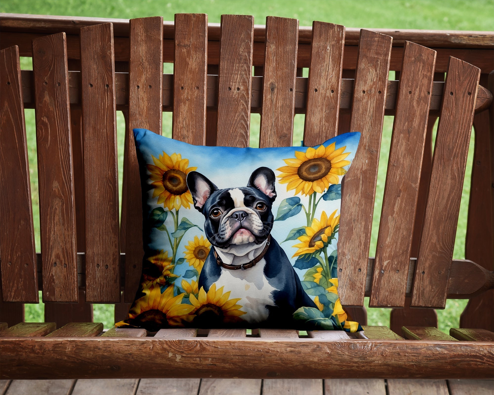 French Bulldog in Sunflowers Decorative Throw Pillow 14x14 Indoor Outdoor Accent Cushion, Fabric Cover with Insert for Sofa, Bed, Porch & Living Room