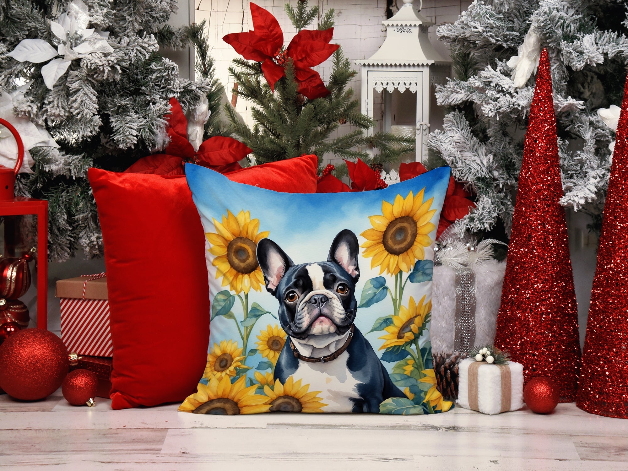 French Bulldog in Sunflowers Decorative Throw Pillow 14x14 Indoor Outdoor Accent Cushion, Fabric Cover with Insert for Sofa, Bed, Porch & Living Room