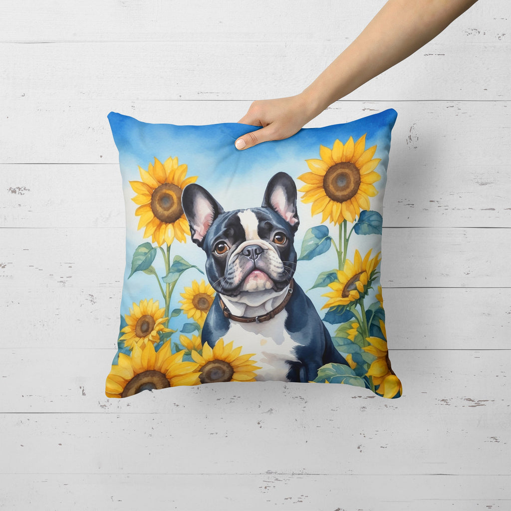 French Bulldog in Sunflowers Decorative Throw Pillow 18x18 Indoor Outdoor Accent Cushion, Fabric Cover with Insert for Sofa, Bed, Porch & Living Room