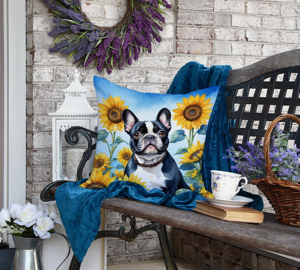 French Bulldog in Sunflowers Decorative Throw Pillow 18x18 Indoor Outdoor Accent Cushion, Fabric Cover with Insert for Sofa, Bed, Porch & Living Room