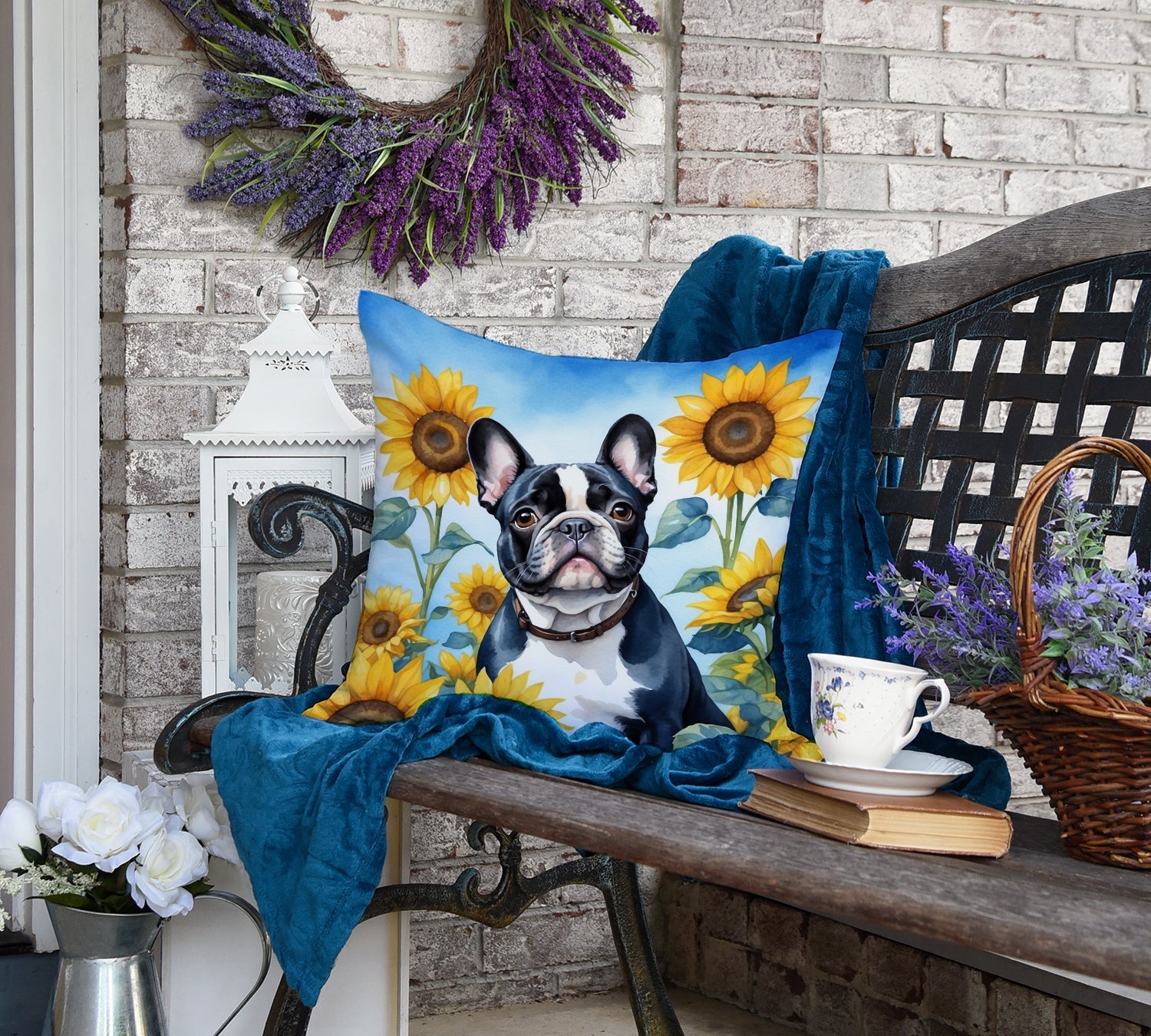 French Bulldog in Sunflowers Decorative Throw Pillow 18x18 Indoor Outdoor Accent Cushion, Fabric Cover with Insert for Sofa, Bed, Porch & Living Room