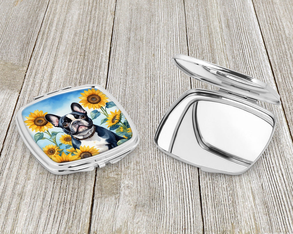 French Bulldog in Sunflowers Compact Mirror Decorative Travel Makeup Mirror for Women Girls Gifts Pocket Makeup Mirror Folding Handheld