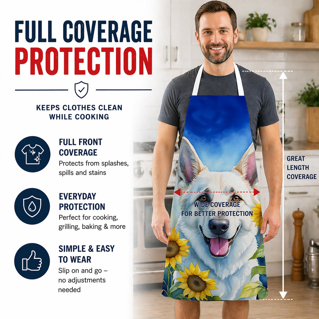 White German Shepherd in Sunflowers Apron Cooking Kitchen Server Baking Crafts Gardening for Adult Women Men, Unisex, Large, Multicolor