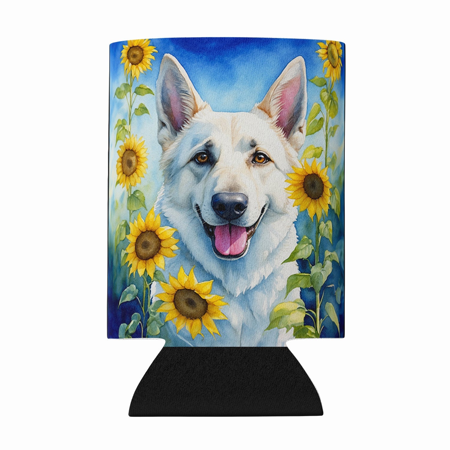 White German Shepherd in Sunflowers Can or Bottle Hugger Cooler Sleeve for Standard 12 oz Cans, Insulated Foam Beer & Soda Can Hugger Reusable