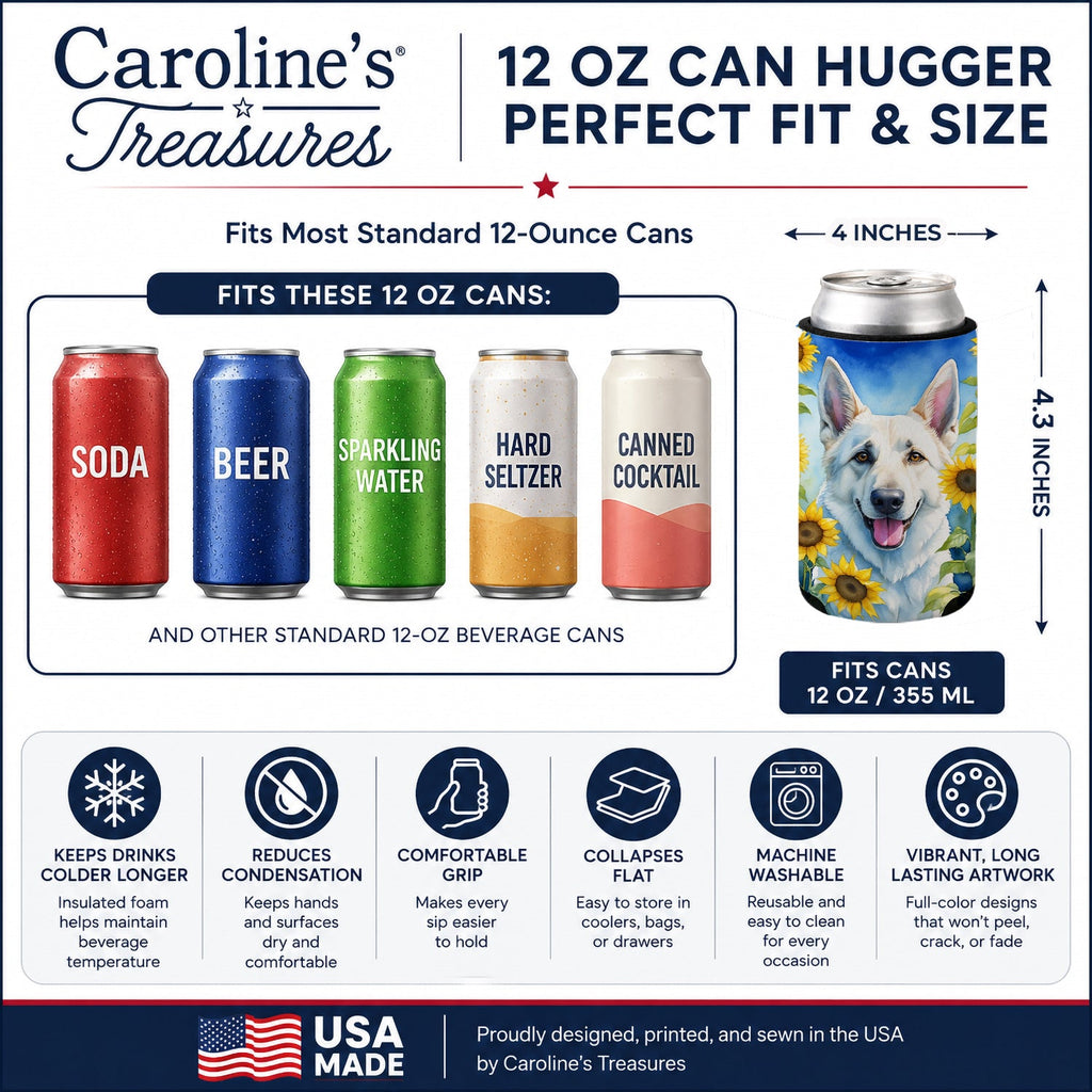 White German Shepherd in Sunflowers Can or Bottle Hugger Cooler Sleeve for Standard 12 oz Cans, Insulated Foam Beer & Soda Can Hugger Reusable