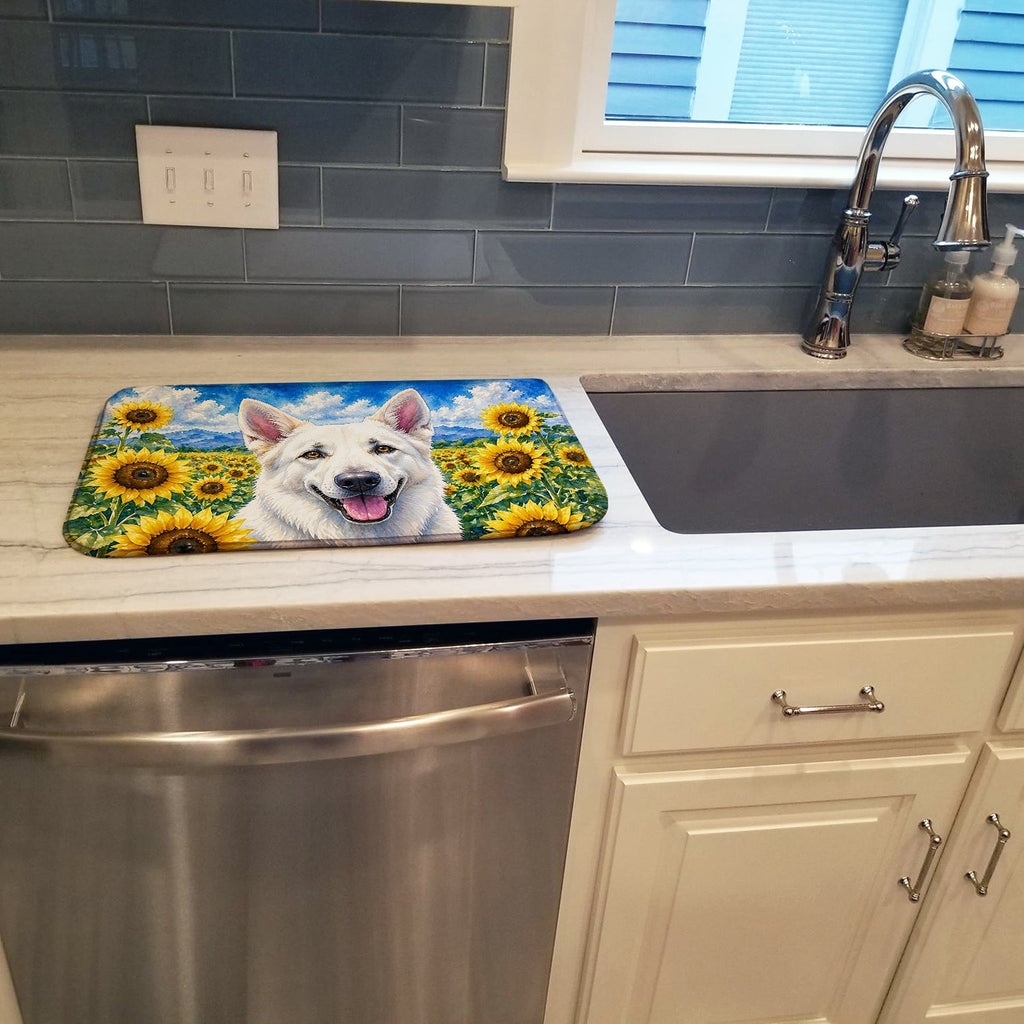 White German Shepherd in Sunflowers Dish Drying Mat Absorbent Dish Drying Mat Pad for Kitchen Counter Dish Drainer Mat for Countertop, 14 x 21", Multicolor