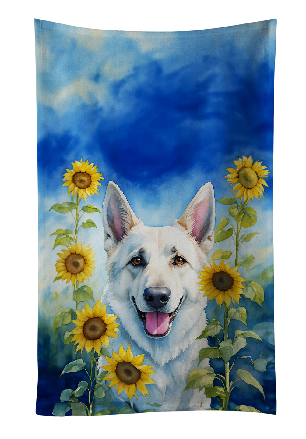 White German Shepherd in Sunflowers Kitchen Towel Velour Plush Front and Cotton Loop Back Machine Washable