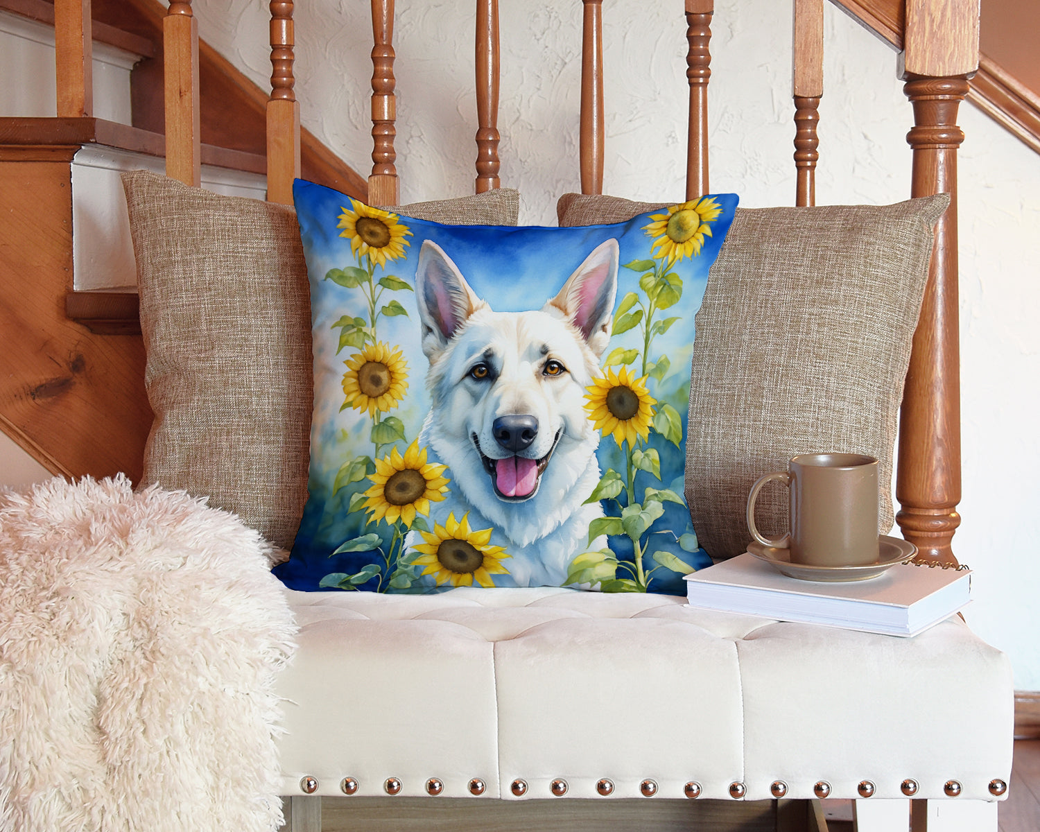 White German Shepherd in Sunflowers Decorative Throw Pillow 14x14 Indoor Outdoor Accent Cushion, Fabric Cover with Insert for Sofa, Bed, Porch & Living Room