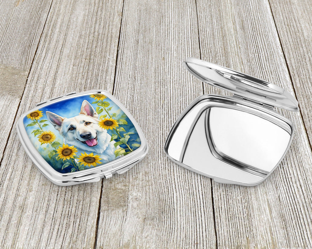 White German Shepherd in Sunflowers Compact Mirror Decorative Travel Makeup Mirror for Women Girls Gifts Pocket Makeup Mirror Folding Handheld
