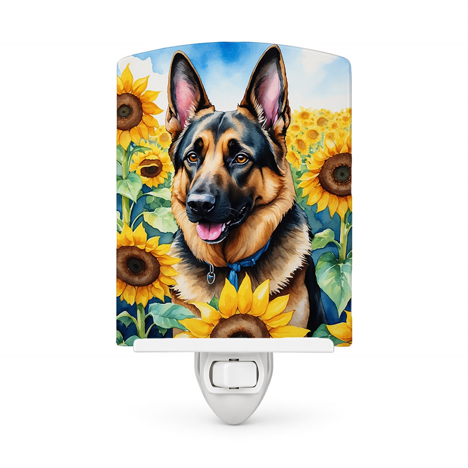 German Shepherd in Sunflowers Ceramic Night Light Compact, UL-Certified, Ideal for Bedroom, Bathroom, Nursery, Hallway, Kitchen, 6x4x3, Multicolor