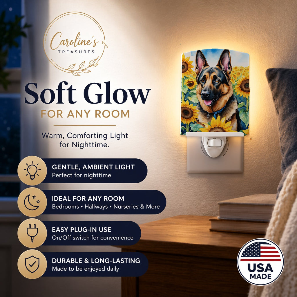 German Shepherd in Sunflowers Ceramic Night Light Compact, UL-Certified, Ideal for Bedroom, Bathroom, Nursery, Hallway, Kitchen, 6x4x3, Multicolor