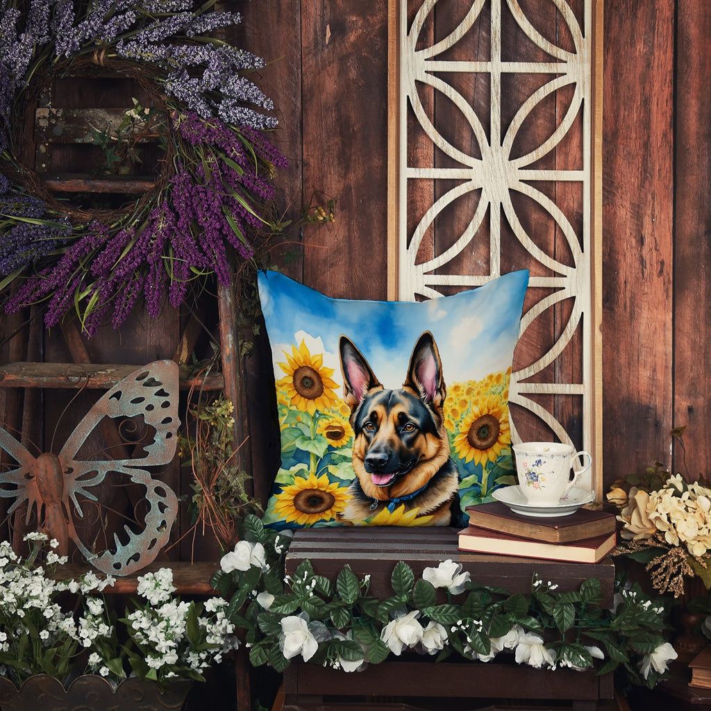 German Shepherd in Sunflowers Decorative Throw Pillow 14x14 Indoor Outdoor Accent Cushion, Fabric Cover with Insert for Sofa, Bed, Porch & Living Room