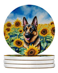 German Shepherd in Sunflowers Large Sandstone Coasters Pack of 4 Absorbent Round Coasters Decor Gifts for Men or Women, 4 in, Multicolor