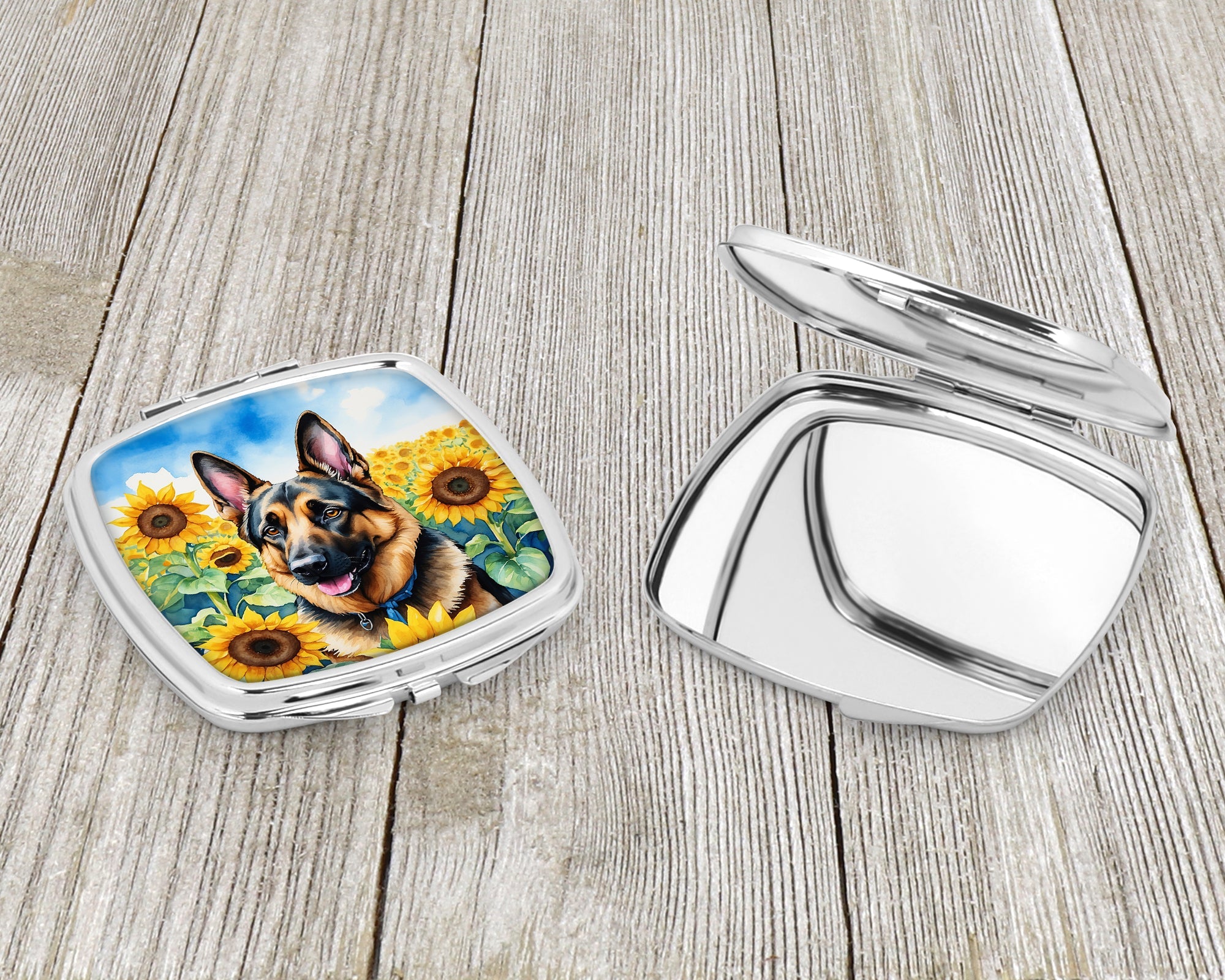 German Shepherd in Sunflowers Compact Mirror Decorative Travel Makeup Mirror for Women Girls Gifts Pocket Makeup Mirror Folding Handheld