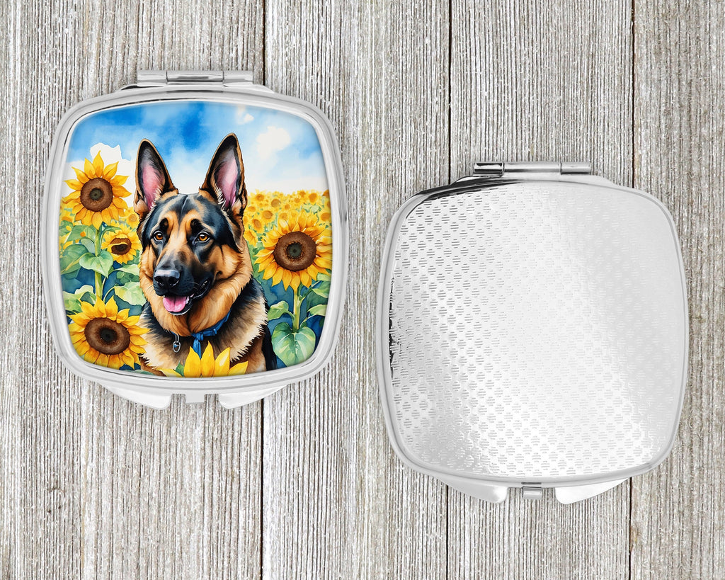 German Shepherd in Sunflowers Compact Mirror Decorative Travel Makeup Mirror for Women Girls Gifts Pocket Makeup Mirror Folding Handheld
