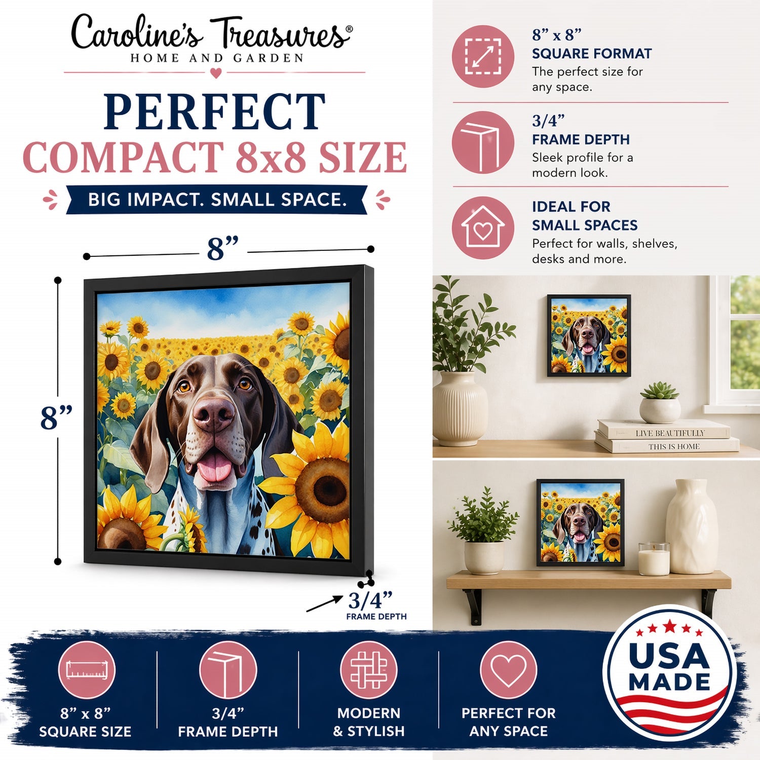 German Shorthaired Pointer in Sunflowers Framed Metal Print Bathroom, Kitchen, Office, Home Decor Wall Art Ready to Hang, Square, 8X8