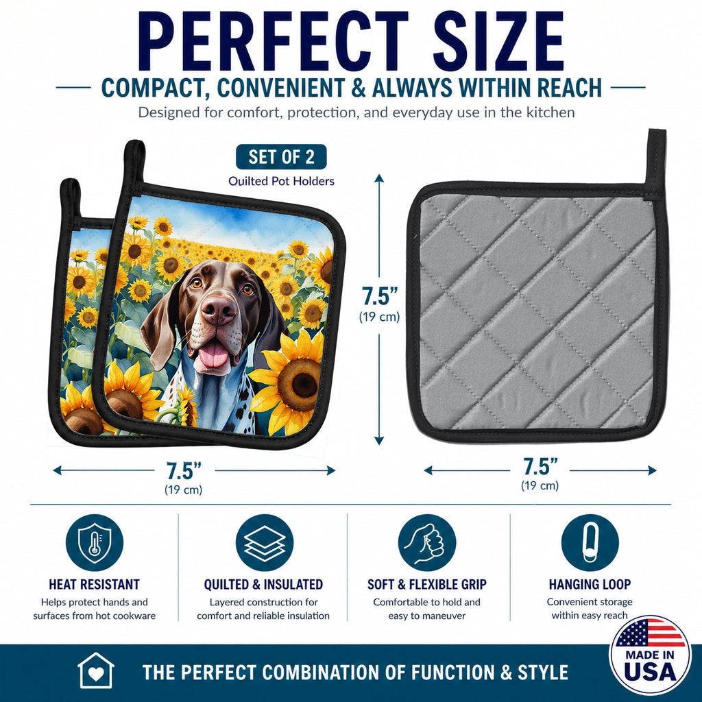 German Shorthaired Pointer in Sunflowers Pot Holder Set of 2 Heat Resistant Quilted Hot Pads 7.5 x 7.5 Inch, Insulated Kitchen Trivets for Cooking & Baking