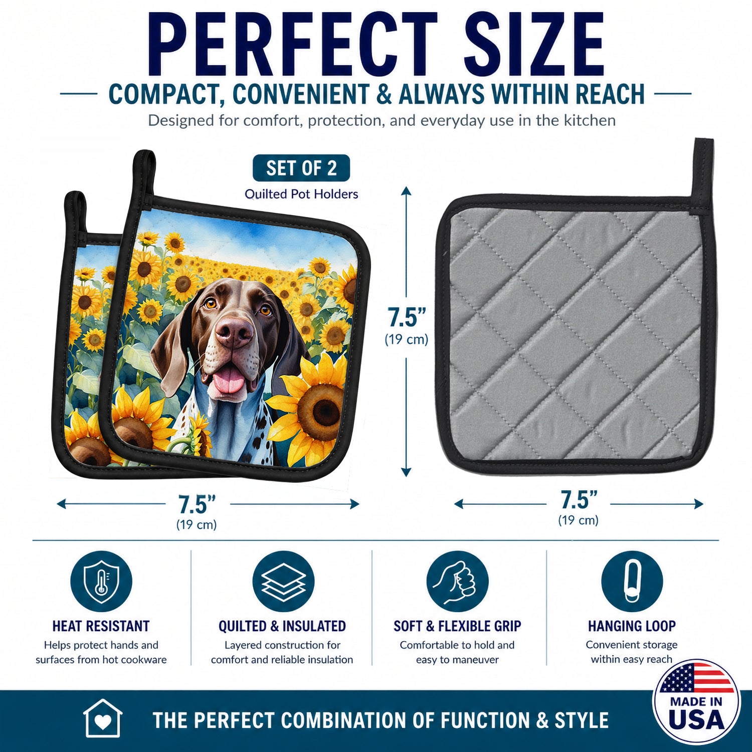 German Shorthaired Pointer in Sunflowers Pot Holder Set of 2 Heat Resistant Quilted Hot Pads 7.5 x 7.5 Inch, Insulated Kitchen Trivets for Cooking & Baking