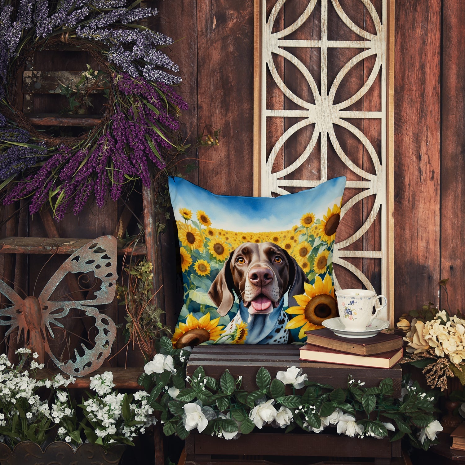 German Shorthaired Pointer in Sunflowers Decorative Throw Pillow 18x18 Indoor Outdoor Accent Cushion, Fabric Cover with Insert for Sofa, Bed, Porch & Living Room