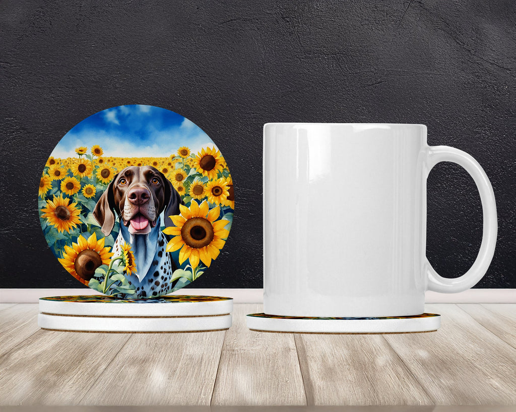 German Shorthaired Pointer in Sunflowers Large Sandstone Coasters Pack of 4 Absorbent Round Coasters Decor Gifts for Men or Women, 4 in, Multicolor