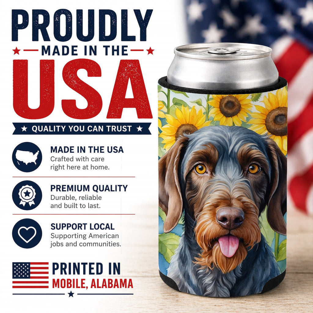 German Wirehaired Pointer in Sunflowers Can or Bottle Hugger Cooler Sleeve for Standard 12 oz Cans, Insulated Foam Beer & Soda Can Hugger Reusable