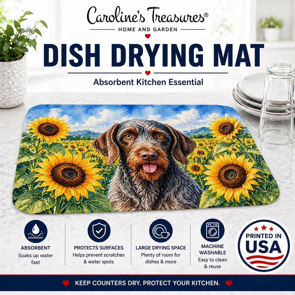 German Wirehaired Pointer in Sunflowers Dish Drying Mat Absorbent Dish Drying Mat Pad for Kitchen Counter Dish Drainer Mat for Countertop, 14 x 21", Multicolor