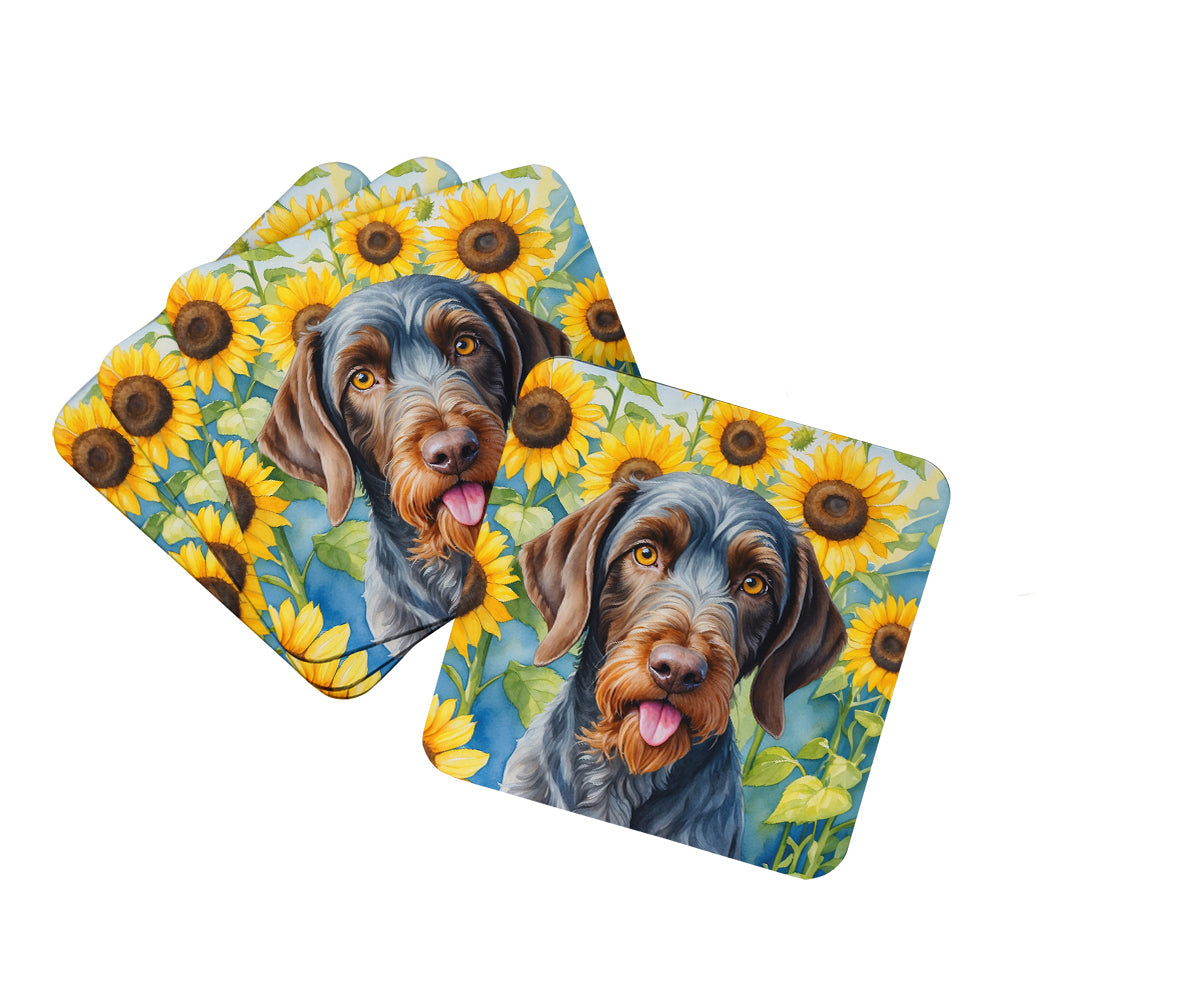 German Wirehaired Pointer in Sunflowers Foam Coasters Set of 4 Cup Coasters for Indoor Outdoor, Tabletop Protection, Anti Slip, Mouse pad Material