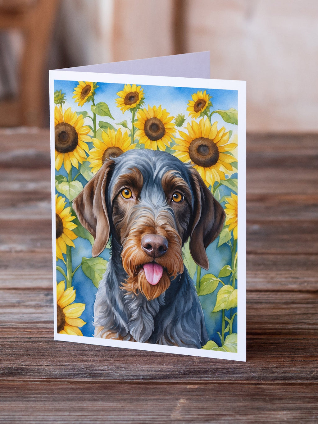 German Wirehaired Pointer in Sunflowers Greeting Cards Pack of 8 Blank Cards with Envelopes Whimsical A7 Size 5x7