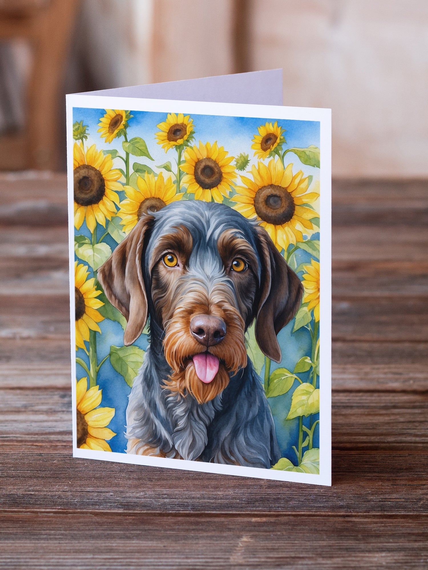 German Wirehaired Pointer in Sunflowers Greeting Cards Pack of 8 Blank Cards with Envelopes Whimsical A7 Size 5x7