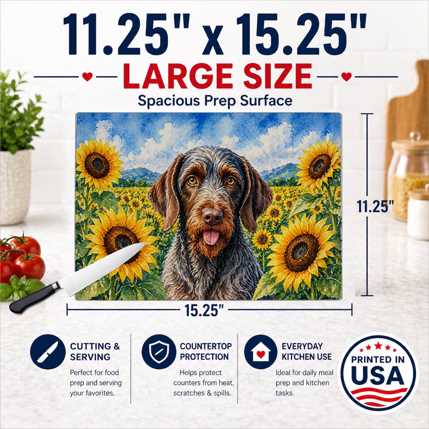 German Wirehaired Pointer in Sunflowers Cutting Board Tempered Glass Kitchen Cutting Surface, Heat Resistant Chopping Board with Non-Slip Feet, Decorative Food Prep & Serving