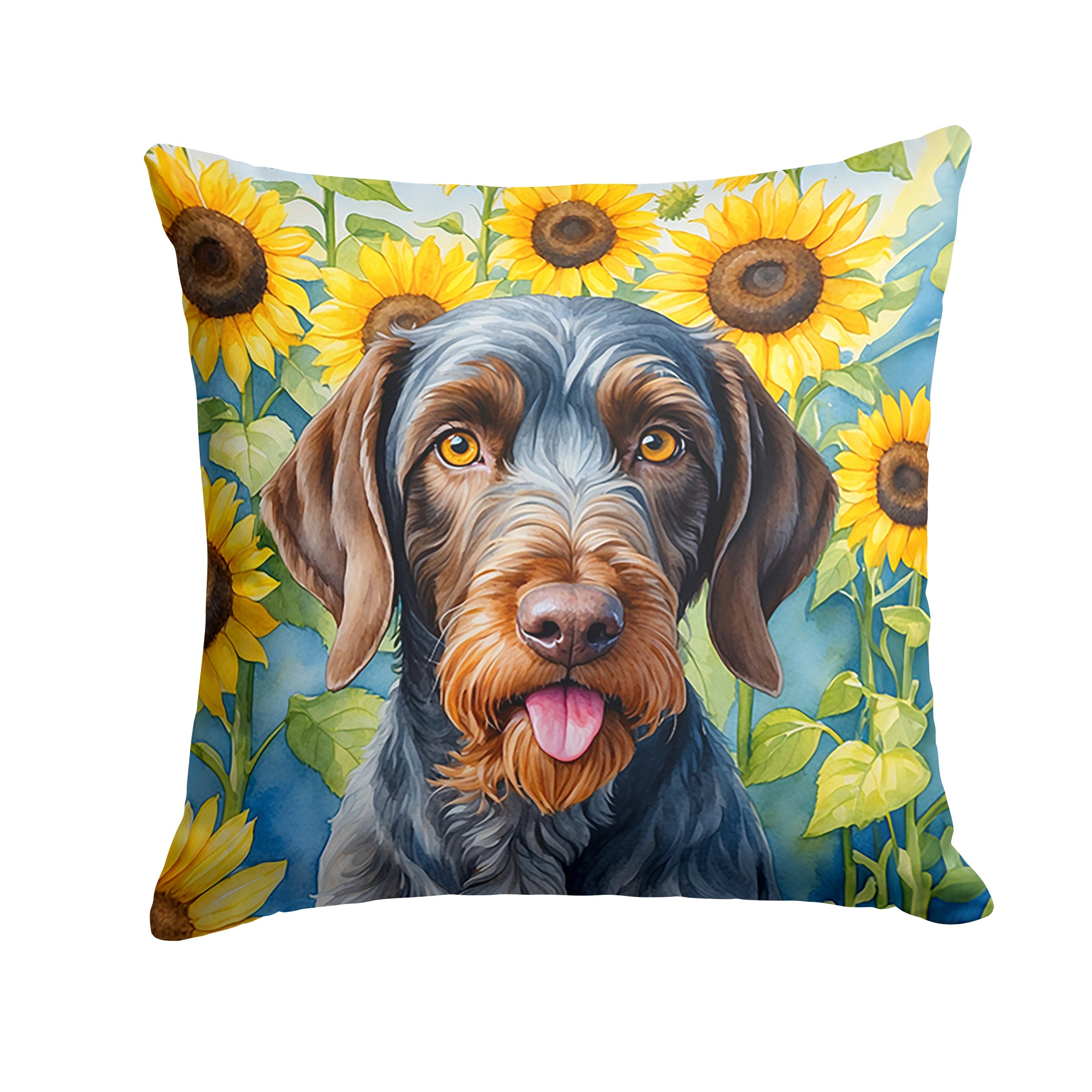 German Wirehaired Pointer in Sunflowers Decorative Throw Pillow 14x14 Indoor Outdoor Accent Cushion, Fabric Cover with Insert for Sofa, Bed, Porch & Living Room