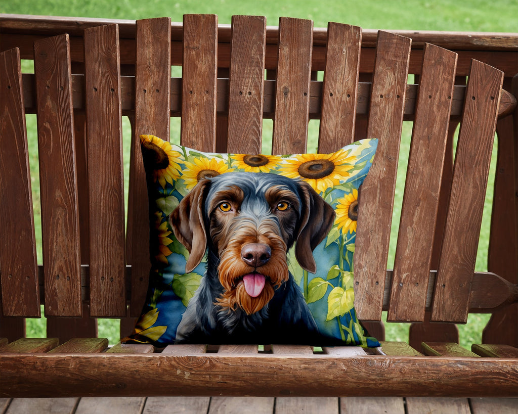 German Wirehaired Pointer in Sunflowers Decorative Throw Pillow 14x14 Indoor Outdoor Accent Cushion, Fabric Cover with Insert for Sofa, Bed, Porch & Living Room