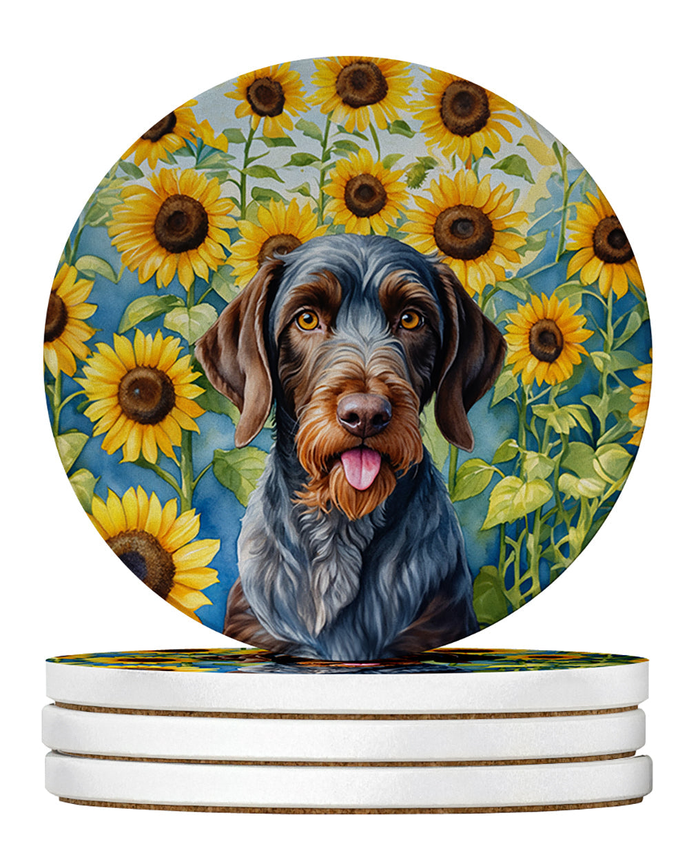 German Wirehaired Pointer in Sunflowers Large Sandstone Coasters Pack of 4 Absorbent Round Coasters Decor Gifts for Men or Women, 4 in, Multicolor