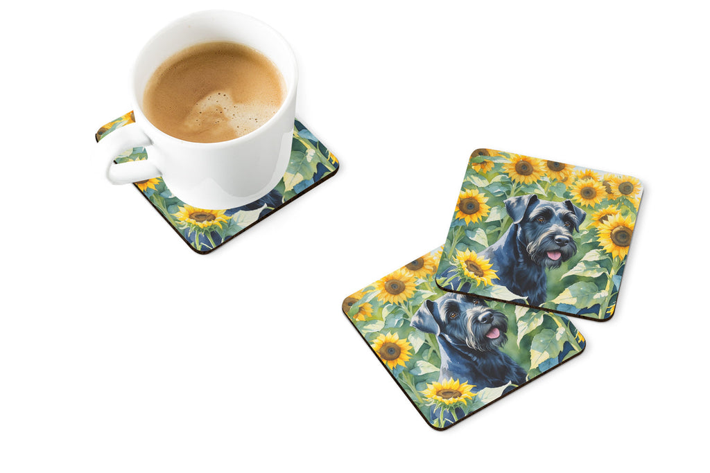 Giant Schnauzer in Sunflowers Foam Coasters Set of 4 Cup Coasters for Indoor Outdoor, Tabletop Protection, Anti Slip, Mouse pad Material