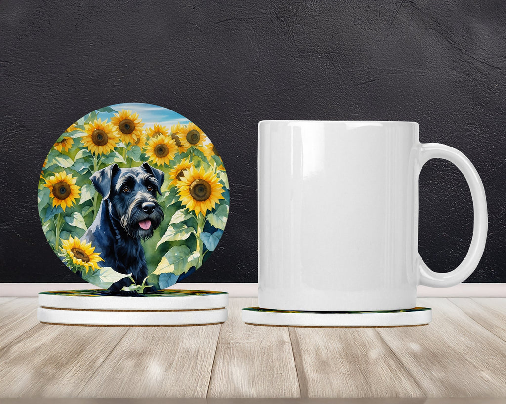 Giant Schnauzer in Sunflowers Large Sandstone Coasters Pack of 4 Absorbent Round Coasters Decor Gifts for Men or Women, 4 in, Multicolor