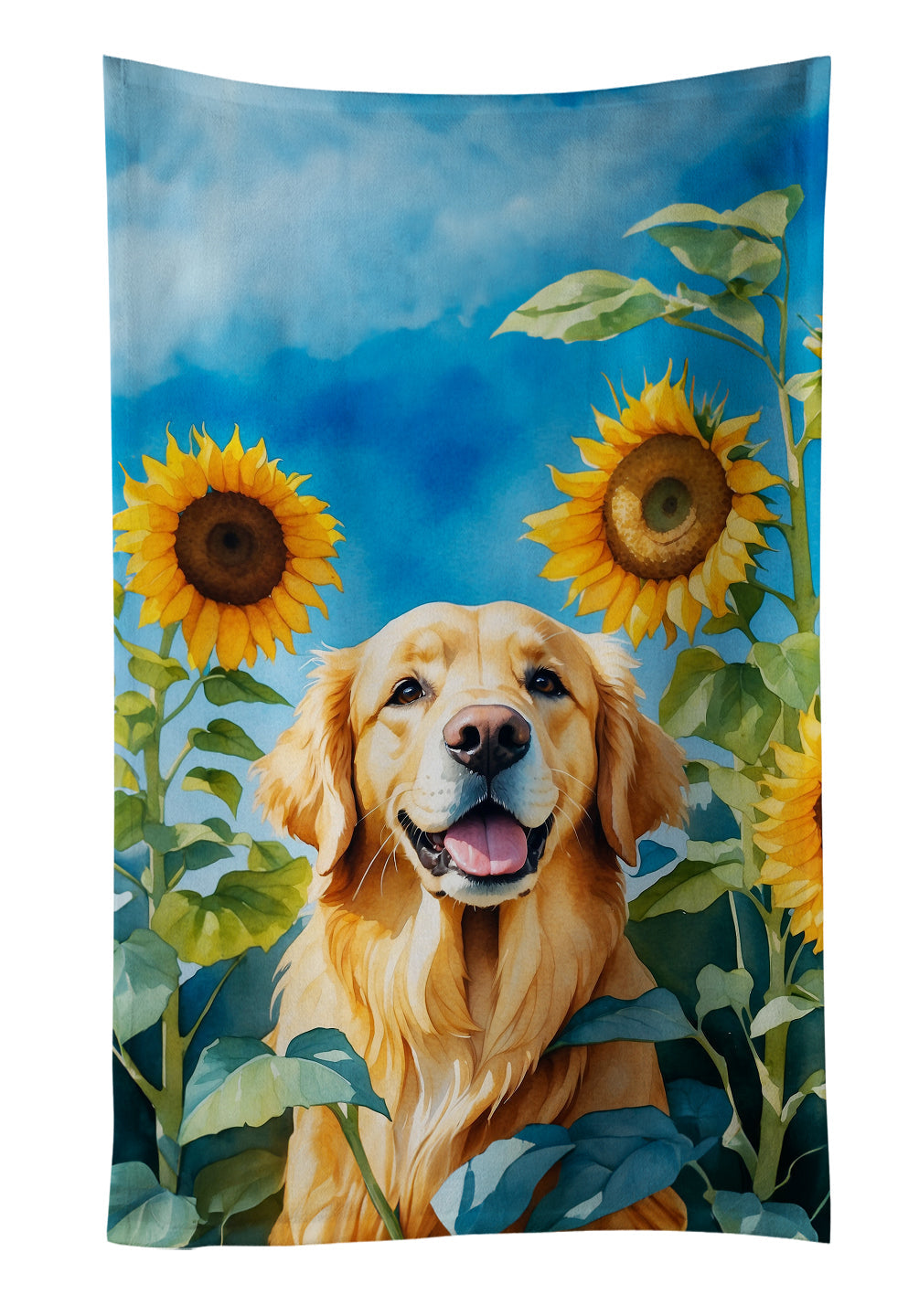Golden Retriever in Sunflowers Kitchen Towel Velour Plush Front and Cotton Loop Back Machine Washable