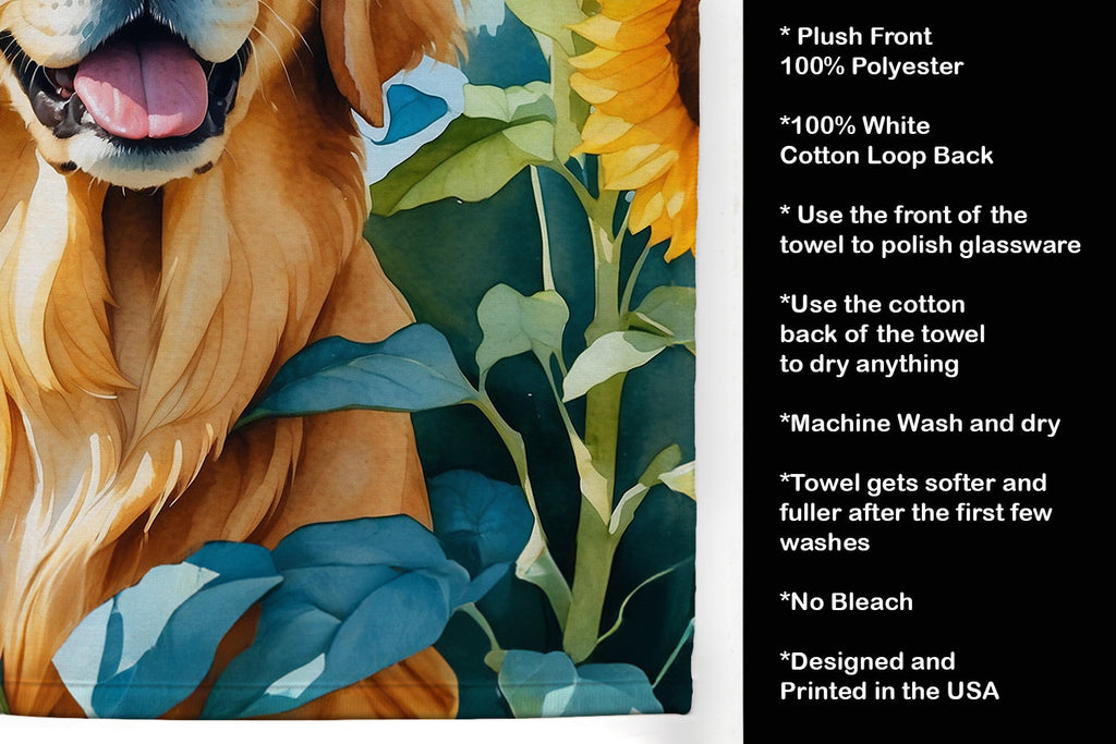 Golden Retriever in Sunflowers Kitchen Towel Velour Plush Front and Cotton Loop Back Machine Washable