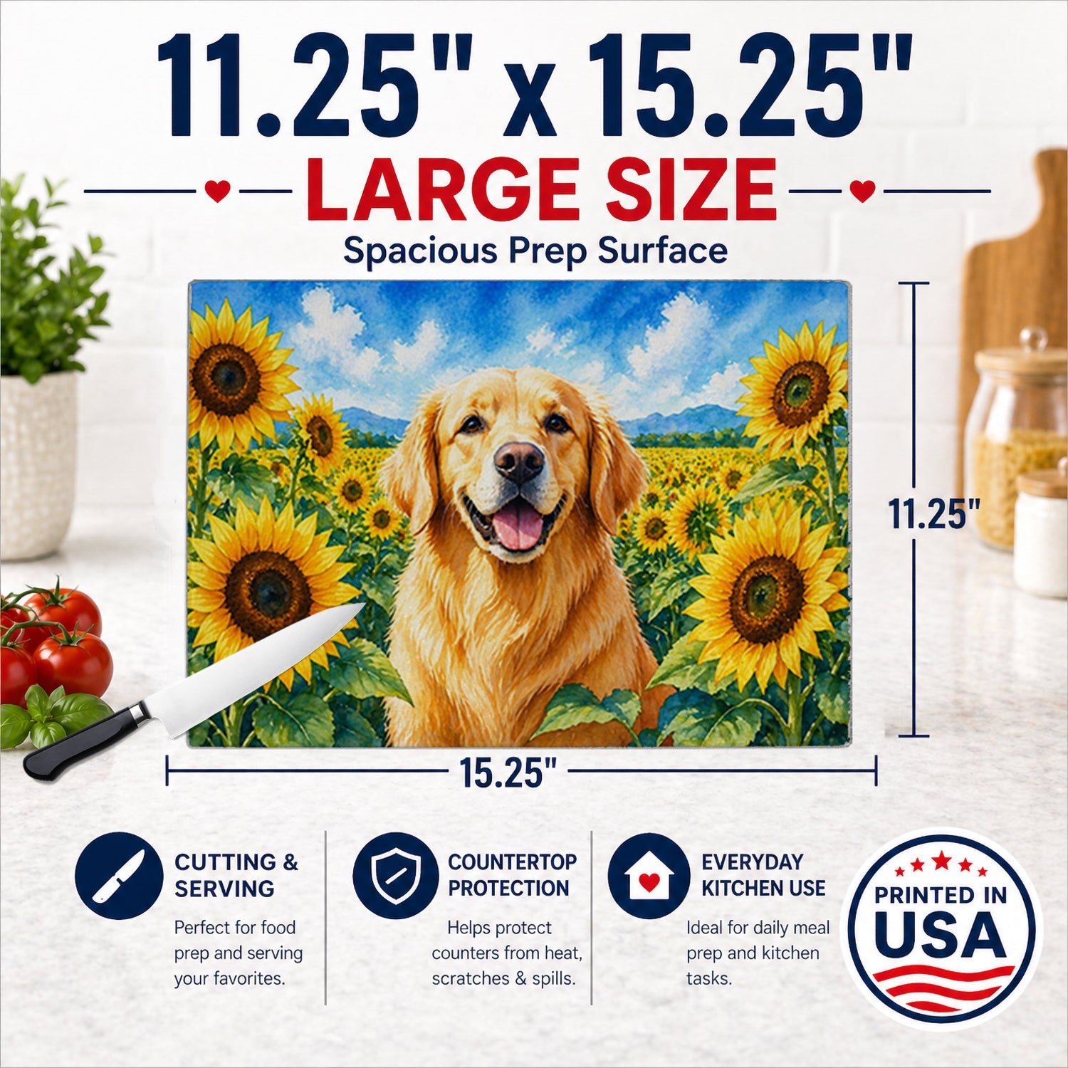 Golden Retriever in Sunflowers Cutting Board Tempered Glass Kitchen Cutting Surface, Heat Resistant Chopping Board with Non-Slip Feet, Decorative Food Prep & Serving