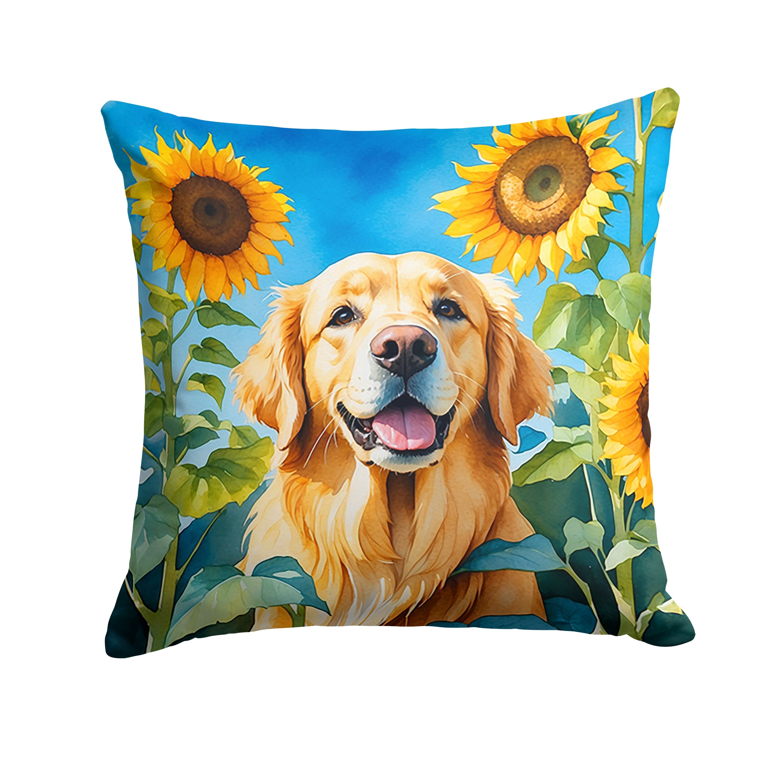 Golden Retriever in Sunflowers Decorative Throw Pillow 14x14 Indoor Outdoor Accent Cushion, Fabric Cover with Insert for Sofa, Bed, Porch & Living Room