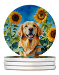 Golden Retriever in Sunflowers Large Sandstone Coasters Pack of 4 Absorbent Round Coasters Decor Gifts for Men or Women, 4 in, Multicolor